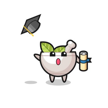 Mezuniyet töreninde şapkayı fırlatan bitkisel kase çizgi filmi tişört, çıkartma, logo elementi için şirin bir tasarım.