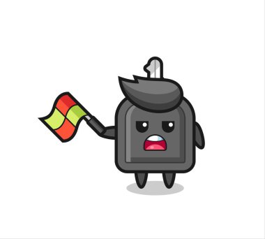 Çizgi film hakimi olarak araba anahtarı çizgi filmi bayrağı 45 derecelik açıyla tutun, tişört, çıkartma, logo elementi için şirin bir tasarım.