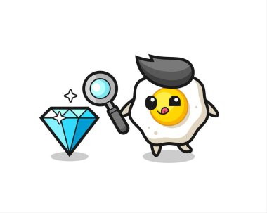 Kızarmış yumurta maskotu elmasın orijinalliğini kontrol ediyor. Tişört, çıkartma, logo elementi için şirin bir tasarım.