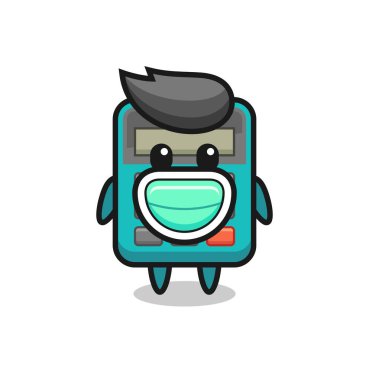 Maske takan sevimli bir hesap makinesi karikatürü, tişört, etiket, logo ögesi için şirin bir tasarım.