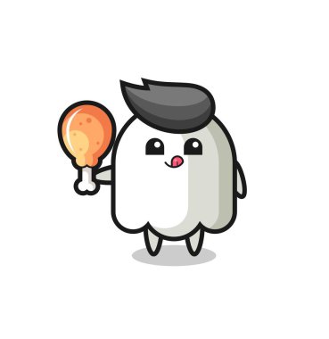 Hayalet maskotu kızarmış tavuk yiyor. Tişört, çıkartma, logo elementi için şirin bir tasarım.