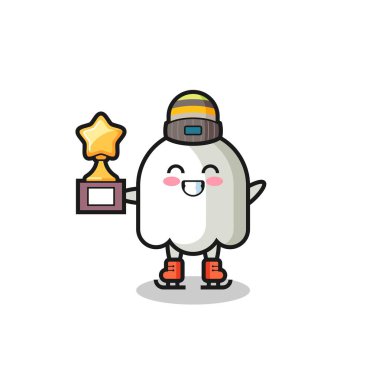 Hayalet karikatürü buz patencisi şampiyon kupası, tişört, etiket, logo elementi için şirin tasarım