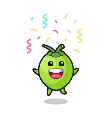 Mutlu hindistancevizi maskotu renkli konfetiyle tebrik etmek için atlıyor.