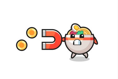 Erişte kasesi karakteri altın sikkeleri yakalamak için bir mıknatıs tutar, tişört, çıkartma, logo elementi için şirin bir tasarım.