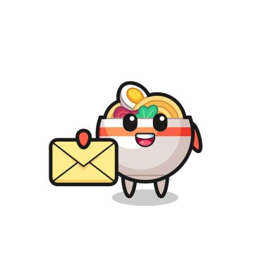 Erişte kasesinin sarı bir harf taşıdığı karikatür çizimi tişört, çıkartma, logo elementi için şirin bir tasarım.