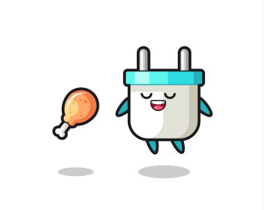 Şirin elektrik prizi yüzüyor ve kızarmış tavuk, tişört, çıkartma, logo elementi için şirin bir tasarım yüzünden ayartılıyor.