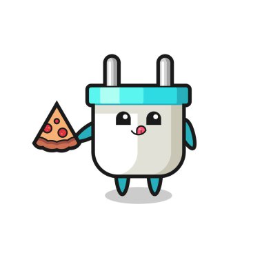 Pizza yiyen sevimli elektrik prizi çizgi filmi, tişört, çıkartma, logo elementi için şirin tasarım.