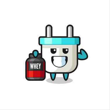 Tişört, etiket, logo elementi için şirin bir tasarım olan protein takviyesi tutan kaslı elektrik prizi karakteri