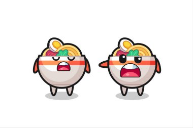 İki tatlı şehriye kâsesi karakteri, tişört, çıkartma ve logo elementi için şirin bir tasarım arasındaki tartışmanın resmi.