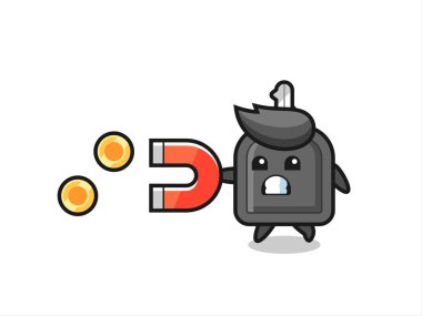 Araba anahtarının karakteri altın sikkeleri yakalamak için bir mıknatıs, tişört, etiket, logo elementi için şirin bir tasarım tutar.