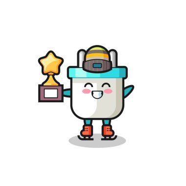 Bir buz pateni oyuncusu olarak elektrik prizi karikatürü. Kazanan kupa, tişört, etiket, logo elementi için şirin bir tasarım.