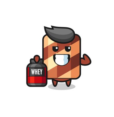 Kas yapıcı gofret rulo karakteri, tişört, etiket ve logo elementi için şirin bir tasarım olan protein takviyesi tutuyor.