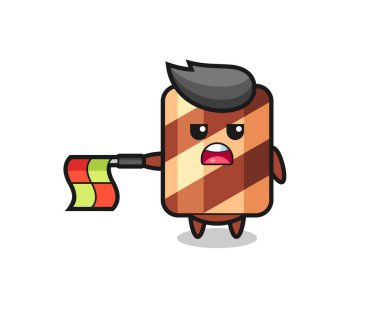 Çizgi hakemi olarak wafer roll karakteri bayrağı yatay tutun, tişört, etiket, logo ögesi için şirin bir tasarım yapın