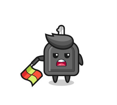 çizgi yargıcı olarak anahtar karakter bayrağı 45 derecelik açıyla tutun, tişört, çıkartma, logo elementi için şirin bir tasarım