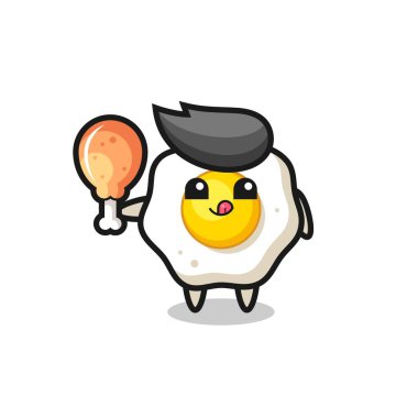 Kızarmış yumurta maskotu kızarmış tavuk yiyor. Tişört, çıkartma, logo elementi için şirin bir tasarım.