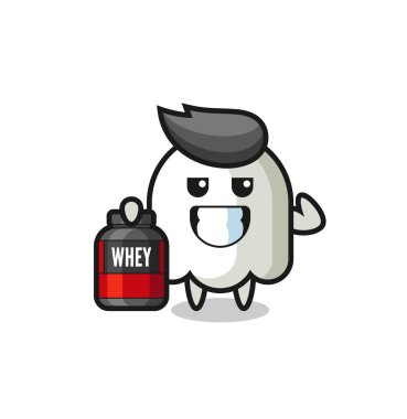 Kaslı hayalet karakter bir protein takviyesi tutuyor. Tişört, etiket ve logo için şirin bir tasarım.