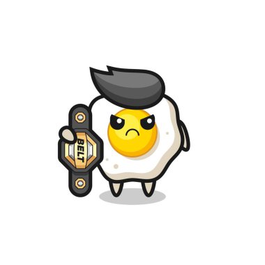 Yumurta maskotu karakteri şampiyon kemeri olan bir MMA dövüşçüsü tişört, çıkartma ve logo elementi için şirin bir tasarım.