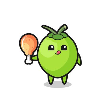 Hindistan cevizi maskotu kızarmış tavuk yiyor.