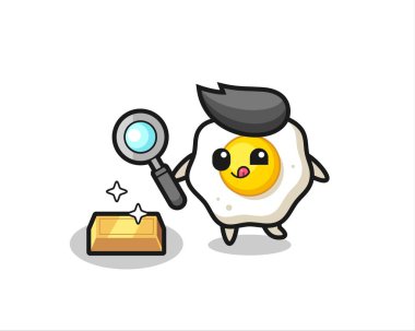 Kızarmış yumurta karakteri altın külçesinin orijinalliğini kontrol ediyor. Tişört, etiket, logo elementi için şirin bir tasarım.