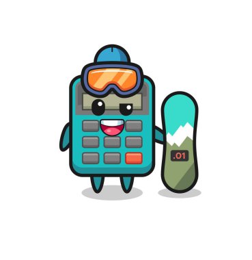 Snowboard stili hesap makinesi karakteri tasviri, tişört, etiket, logo ögesi için şirin tasarım
