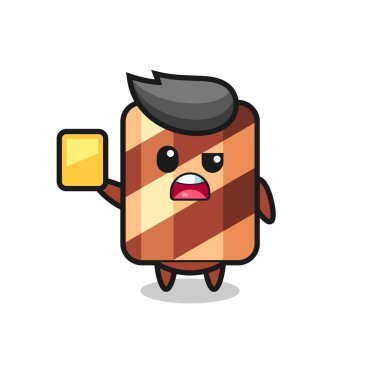 Futbol hakemi olarak çizgi film karakterinin sarı kart vermesi, tişört, etiket, logo elementi için şirin bir tasarım.