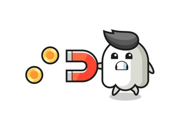 Hayalet karakteri altın sikkeleri yakalamak için mıknatıs tutar, tişört, etiket, logo elementi için şirin bir tasarım.