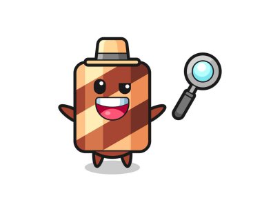 Tişört, çıkartma ve logo elementleri için şirin bir tasarım olan bir davayı çözmeyi başaran dedektif rolündeki gofret rulosu maskotunun çizimi