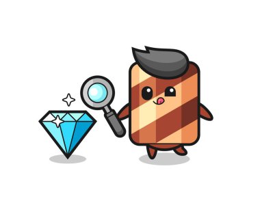 Gofret rulosu maskotu elmasın orijinalliğini kontrol ediyor, tişört, etiket, logo elementi için şirin bir tasarım.