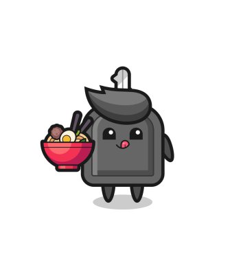 Tatlı araba anahtar karakteri erişte yiyor, tişört, çıkartma, logo elementi için şirin bir tasarım yapıyor.