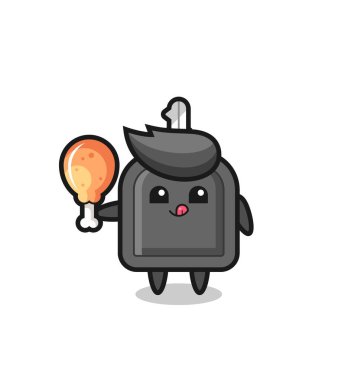 Araba anahtarı maskotu kızarmış tavuk yiyor. Tişört, çıkartma, logo elementi için şirin bir tasarım.