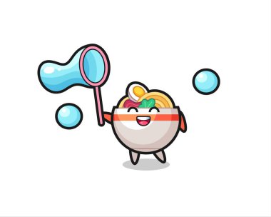 Mutlu erişte kasesi çizgi filmi sabun köpüğü oynuyor. Tişört, çıkartma, logo elementi için şirin bir tasarım.