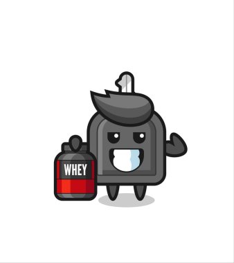 Kaslı araba anahtar karakteri bir protein takviyesi tutuyor. Tişört, çıkartma, logo elementi için şirin bir tasarım.