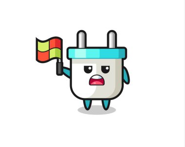 Elektrik prizi karakteri çizgi hakemi olarak bayrağı kaldırıyor, tişört, çıkartma, logo ögesi için şirin bir tasarım.