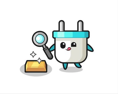 Elektrik prizi karakteri altın külçesinin orijinalliğini kontrol ediyor, tişört, etiket, logo elementi için şirin bir tasarım.