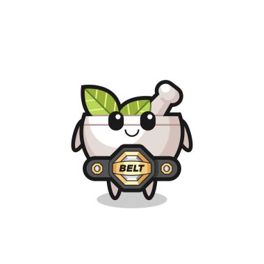 Kemerli MMA dövüşçüsü bitkisel kase maskotu. Tişört, çıkartma, logo elementi için şirin bir tasarım.