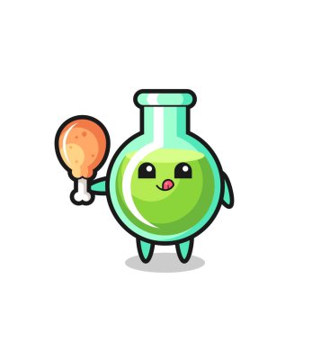 Laboratuvar beherleri şirin bir maskot kızarmış tavuk yiyor. Tişört, çıkartma, logo elementi için şirin bir tasarım.