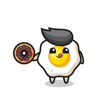 Tişört, etiket, logo elementi için tatlı bir tasarım olan donut yiyen kızarmış yumurta karakterinin çizimi