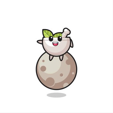 Ay 'da oturan bitkisel kase karikatürü. Tişört, çıkartma, logo elementi için şirin bir tasarım.