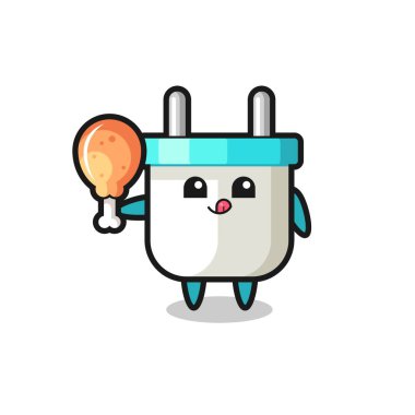 Elektrik prizi maskotu kızarmış tavuk yiyor. Tişört, çıkartma, logo elementi için şirin bir tasarım.