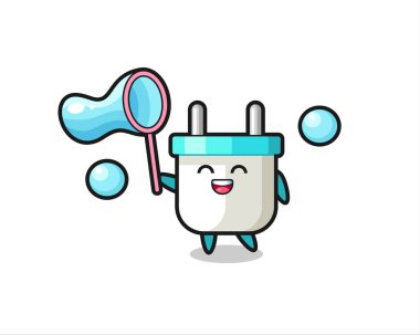 Mutlu elektrik prizi karikatürü sabun köpüğü oynuyor. Tişört, etiket, logo ögesi için şirin bir tasarım.