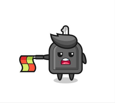 Çizgi yargıcı olarak anahtar karakter bayrağı yatay tutun, tişört, etiket, logo ögesi için şirin bir tasarım yapın