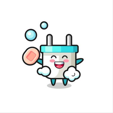 Tişört, çıkartma, logo elementi için şirin bir tasarım olan sabun tutarken elektrik prizi karakteri banyo yapıyor