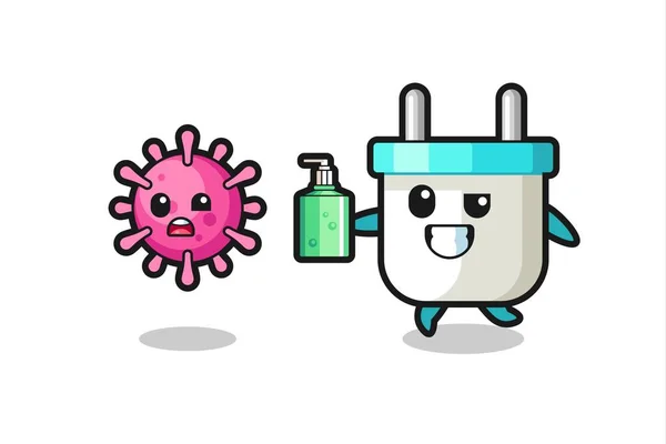 Illustration Electric Plug Character Chasing Evil Virus Hand Sanitizer Cute — Stock Vector