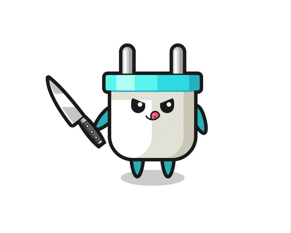 Cute Electric Plug Mascot Psychopath Holding Knife Cute Style Design — Stock Vector