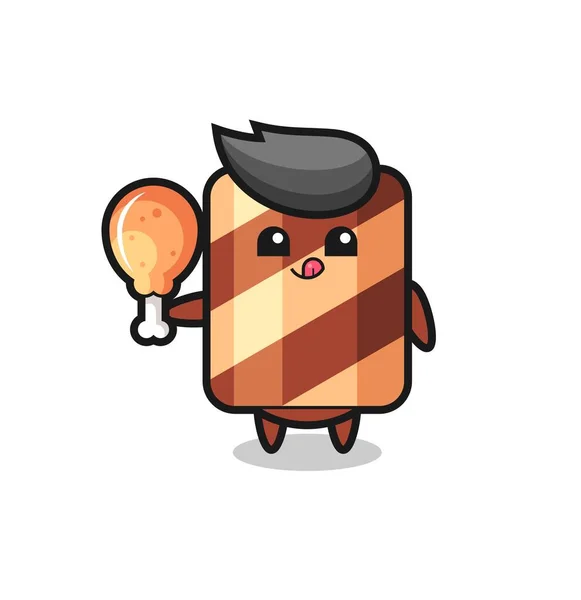 Wafer Roll Mascotte Mignonne Mange Poulet Frit Design Style Mignon — Image vectorielle