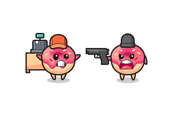 Ilustração Donut Bonito Como Caixa Apontado Uma Arma Por Ladrão — Vetor de Stock