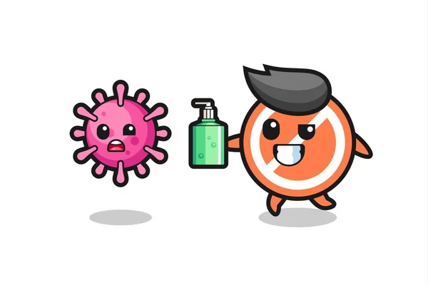 Illustration Stop Sign Character Chasing Evil Virus Hand Sanitizer Cute — Stock Vector