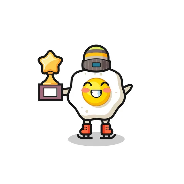 Fried Egg Cartoon Ice Skating Player Hold Winner Trophy Cute — Stock Vector