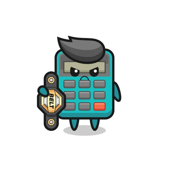 Calculator Mascotte Personage Als Mma Vechter Met Kampioensriem Leuk Design — Stockvector