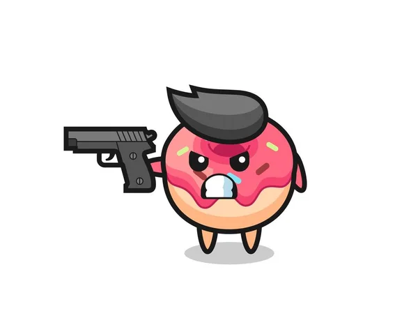 Cute Doughnut Character Shoot Gun — Stock Vector